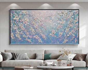 White Cherry Blossom Oil Painting, Textured Spring Floral Wall Art, Pastel Blue Sky Canvas Art, Blooming Tree Branch Home Decor