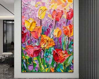 Colorful Tulip Floral Oil Painting, Vibrant Spring Blossom Wall Art, Impasto Textured Meadow Canvas Artwork, Beautiful Botanical Home Decor