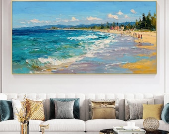 Original Beach Scene Oil Painting, Abstract Vibrant Summer Seascape On Canvas, Textured Ocean Wave Wall Art, Sunny Coastal People Home Decor
