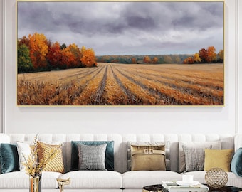 Original Autumn Field Oil Painting, Cloudy Sky Landscape Wall Art, Large Abstract Orange Forest On Canvas, Modern Rustic Harvest Home Decor