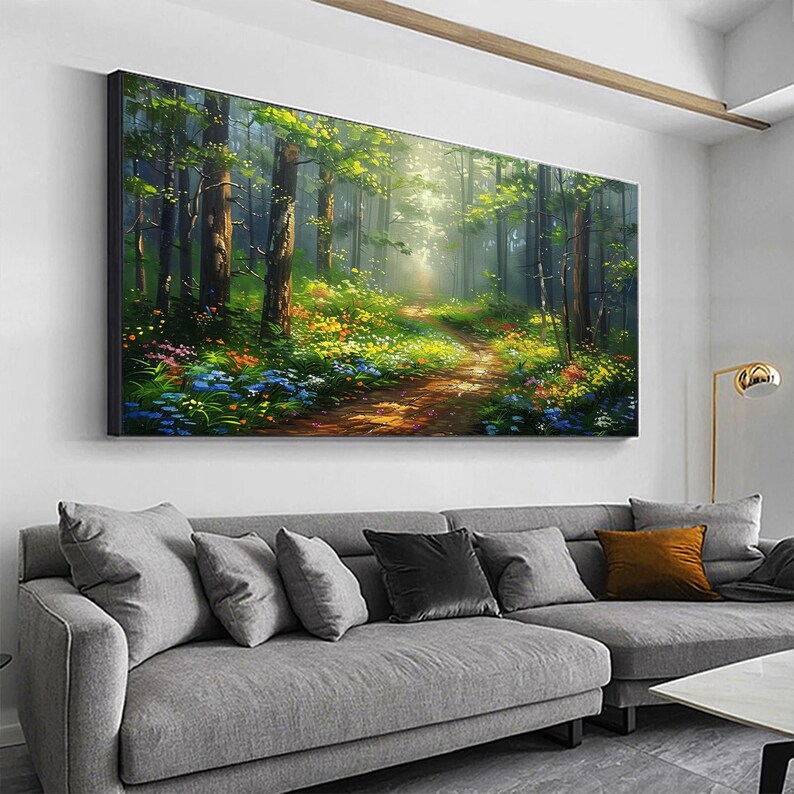 Original Forest Path Oil Painting, Large Green Tree Landscape Wall Art ...