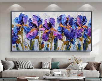 Purple Iris Oil Painting, Textured Violet Floral Wall Art, Impasto Spring Bloom Canvas Art, Botanical Garden Nature Home Decor