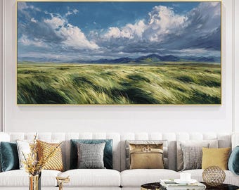 Original Windy Meadow Oil Painting, Abstract Dramatic Cloud Sky On Canvas, Textured Green Landscape Wall Art, Vast Mountain Field Home Decor
