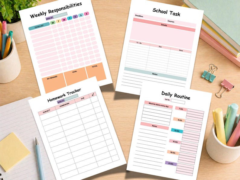 Kids School Planner Printable Daily Weekly Homework Tracker Student ...