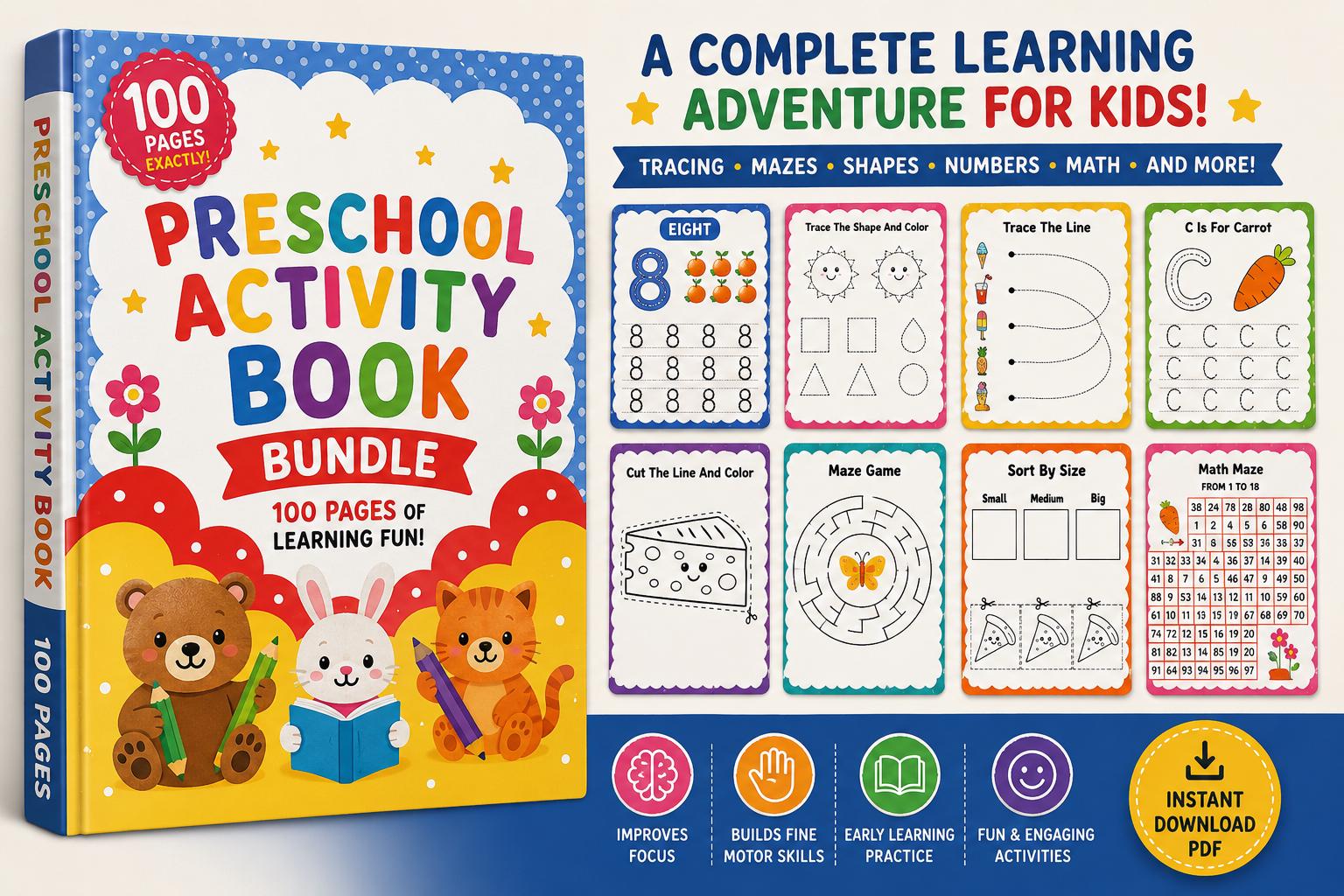 Preschool Activity Book Bundle Printable PDF Kids Learning Worksheets