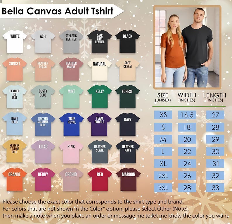 K&ouml;nnte beinhalten: Produktbild mit Bella Canvas Erwachsenen-T-Shirts in verschiedenen Farben, darunter Wei&szlig;, Schwarz und Heather Grey. Die Abbildung zeigt auch eine Gr&ouml;&szlig;entabelle mit Ma&szlig;en in Zoll f&uuml;r Breite und L&auml;nge, von XS bis 3XL.