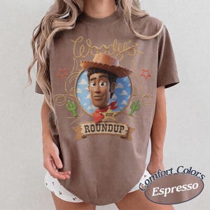 May include: A brown t-shirt featuring a graphic of the character Woody from Toy Story inside a circular rope frame. The design includes the text Woody's Roundup, a sheriff star badge, two green cacti, and red stars on a light blue sky background.