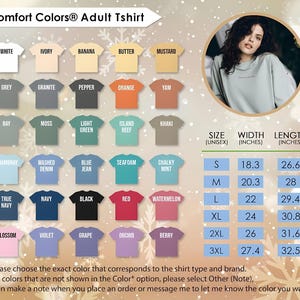 K&ouml;nnte beinhalten: Eine Comfort Colors Erwachsenen-T-Shirt-Farbtabelle mit verschiedenen Farben, darunter Wei&szlig;, Grau und Schwarz. Die Tabelle enth&auml;lt auch Gr&ouml;&szlig;enangaben in Zoll, von S bis 3XL. Eine Frau befindet sich in einem Kreis in der oberen rechten Ecke.
