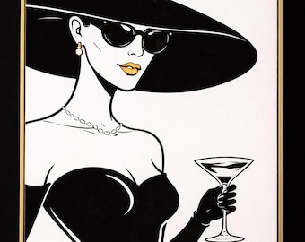 Chic Black Gold Woman Silhouette Art, Fashion Cocktail Decor (Digital Download)