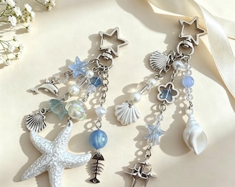 Ocean Starfish Seashell Keychain, Coastal Beaded Bag Charm, Beach Style Summer Accessories