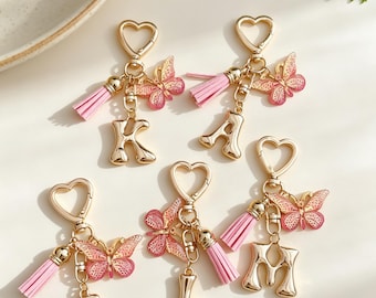 Gold Letter Keychain, Pink Butterfly Tassel Bag Charm, Personalized Initial Gift