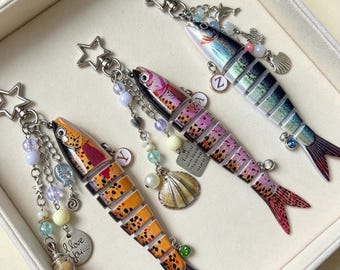 Personalized Beaded Fish Keychain, Fish bait keychain, Beach Seashell Bag Accessory
