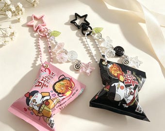 Pink Buldak Ramen Bag Charm, Miniature Noodle Keychain, Kawaii Foodie Accessory, Beaded Phone Backpack Pendant