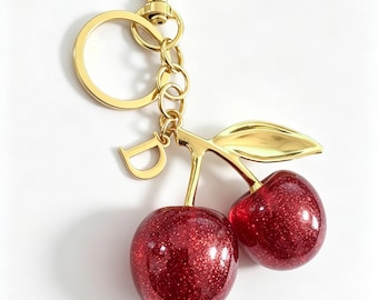 Custom Letter Cherry Bag Charm, Personalized Glitter Cherry Keychain, Cute Fruit Keyring, Bridesmaid Gift