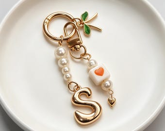 Choose Your Initial Keychain, Elegant Pearl Heart Bag Pendant, Custom Name Gift for Women
