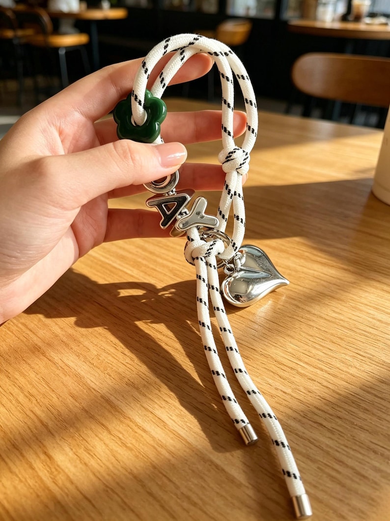 May include: A white rope keychain with black flecks featuring a dark green flower-shaped bead, silver-toned letter beads spelling out DAY, and a polished silver-toned heart charm. The rope ends are finished with smooth silver-toned metal caps.