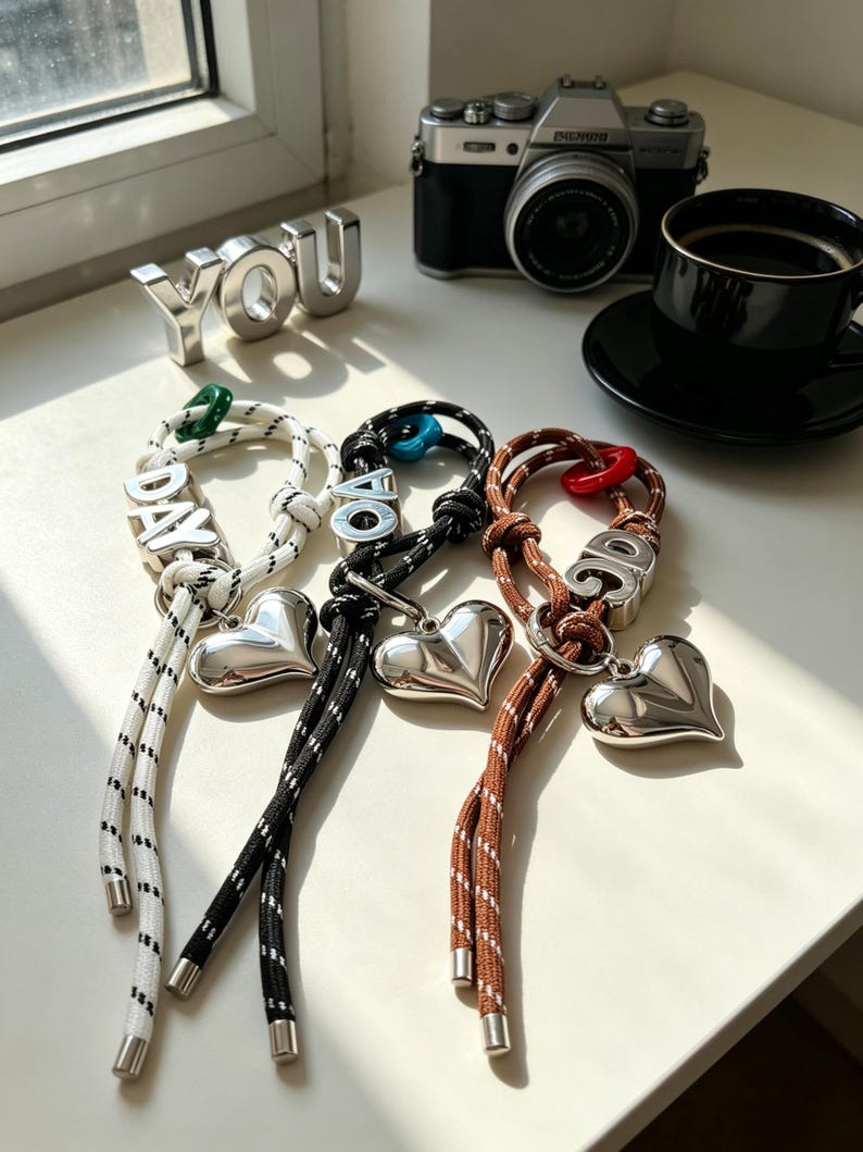 May include: Three rope keychains in white, black, and brown, each featuring a silver-toned metallic heart charm, a silver letter block, and a small colored plastic ring. The white keychain displays the text DAY, while the others show partial letters.