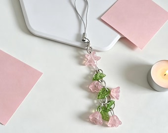 Dainty Lily of the Valley Phone Charm – Pink Flower Leaf Beaded Keychain – Phone, Bag, Key Accessory