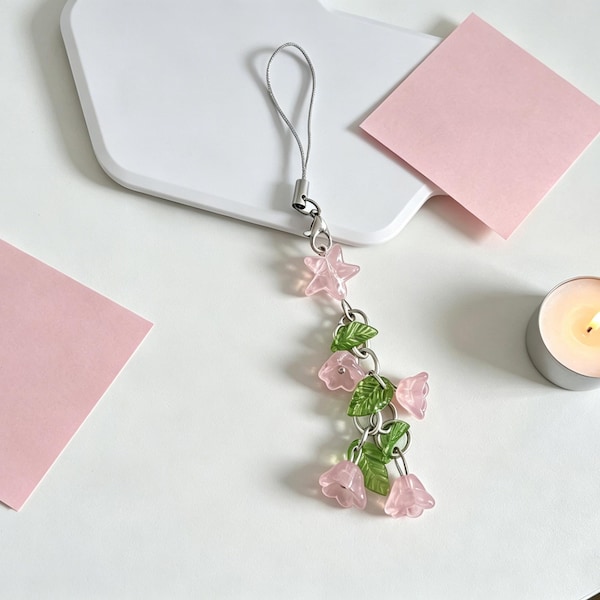 Dainty Lily of the Valley Phone Charm – Pink Flower Leaf Beaded Keychain – Phone, Bag, Key Accessory