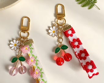Cherry Daisy Bag Charm, Floral Ribbon Keychain, Aesthetic Handbag Accessory, Sweet Fruit Purse Clip Gift for Her