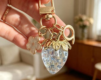 Custom Initial Strawberry Keychain, Gold Plated Bag Accessory