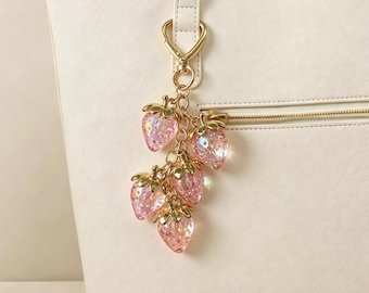 Iridescent Strawberry Keychain, Heart Clasp Bag Charm, Cute Fruit Purse Charm, Kawaii Gift for Her