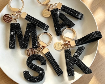 Personalized Rhinestone Initial Keychain, Bling Bag Charm, Gold‑Tone Letter Purse Accessory