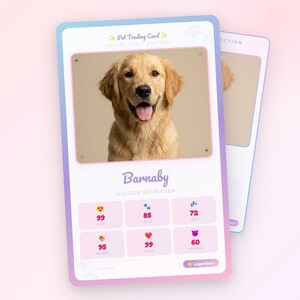 Peut inclure: Téléchargement numérique pour un créateur de cartes de collection pour animaux de compagnie. L'image montre un Golden Retriever nommé Barnaby sur une carte avec des statistiques. La carte a une palette de couleurs pastel.