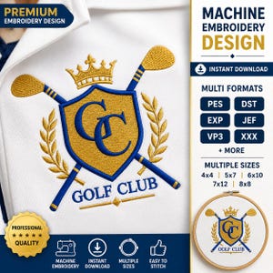 Golf Embroidery File, Golf Club Logo Embroidery Design, Machine Embroidery PES DST EXP Jef Vp3 , Sports Crest Digital Download