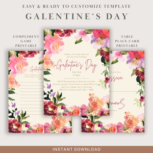 Watercolor Floral Galentine&#39;s Day Invitation Printable Game Place Card Bundle I Canva Template