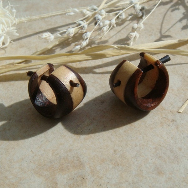 Small Two Tone Wooden hoops / tribal earrings wooden stick earrings / black wood jewelry organic ear cuff