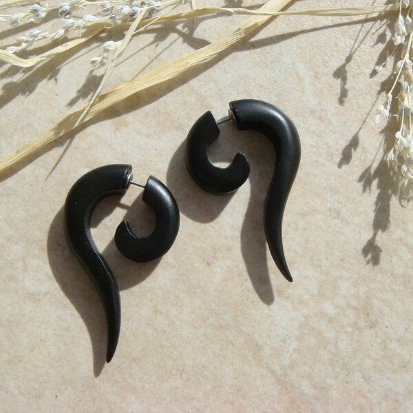BLACK Fake Gauges / Tribal Earrings spiral curl tail Women Men wooden earrings wood jewelry