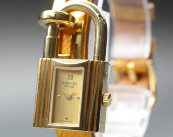 Vintage near mint hermes kelly gold yellow padlock leather 20mm qz woman's watch
