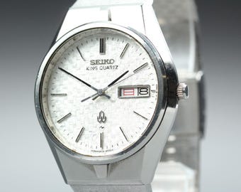Vintage 1976 exc+5 seiko king quartz 0853-8035 silver day date kanji men's watch
