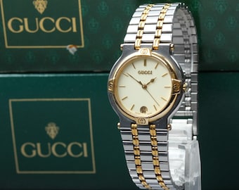Vintage near mint / full set gucci 9000m off white two tone 32mm qz men's watch