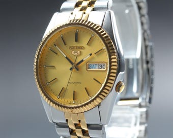 Near mint seiko 5 7s26-0500 gold day date two tone automatic men's watch japan