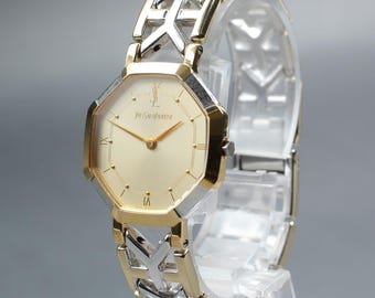Vintage n mint yves saint laurent 4620-e62143 gold octagon quartz unisex watch