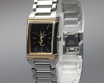 Nahezu neuwertige Yves Saint Laurent 5421-H04734Y schwarze Tank-Armbanduhr, 18 mm Quarzwerk, Damenmodell, Japan