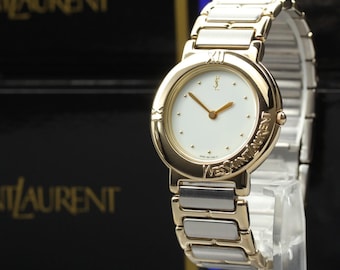 Vintage n mint / full set yves saint laurent 4620-e60957y white gold qz unisex