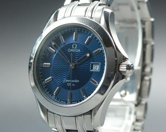 N mint omega seamaster cal.1538 196.1501 blue wave dial date quartz men's watch