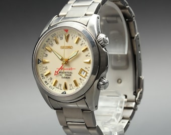 Exc+5 seiko alpinist 8f56-00d0 sbcj021 ivory titanium date quartz men's watch