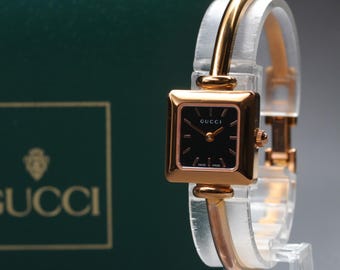 Vintage 1981 near mint / case gucci 1900l black dial pink gold quartz women's