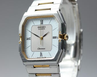 Vintage 1984 exc+5 seiko chronos 9021-5230 roman two tone qz men's watch japan