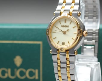Vintage near mint / case gucci 9000l white gold two tone 25mm qz women's watch