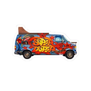 May include: A sticker of a blue van with red and orange graffiti that says "Super Doper Skateboards." The van has a ramp on top and a person on the side. The van has black wheels and a white background.