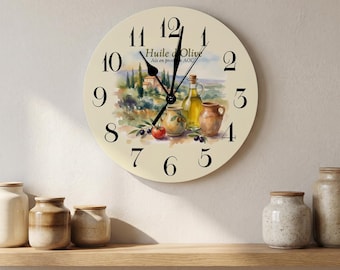 French Country Wooden Wall Clock, Provence Olive Oil Tuscan Kitchen Clock, Watercolor Mediterranean Rustic Decor for Dining Room Farmhouse
