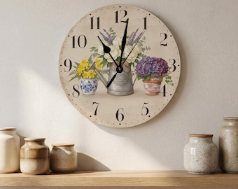 Vintage Farmhouse Wooden Wall Decor, Watering Floral Clock, Country Cottage Garden Wall Decor, Home Art Gift For Plant Lovers