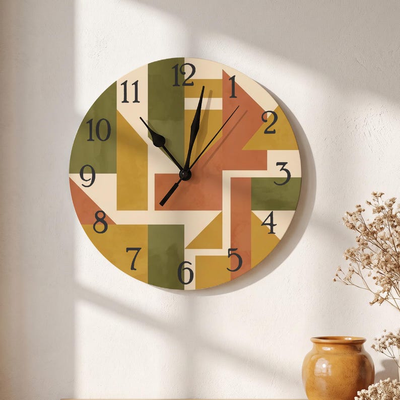Abstract Clock Colorful Mid‑century Modern Geometric Wall Clock, Abstract Block Art Clock, Boho ...