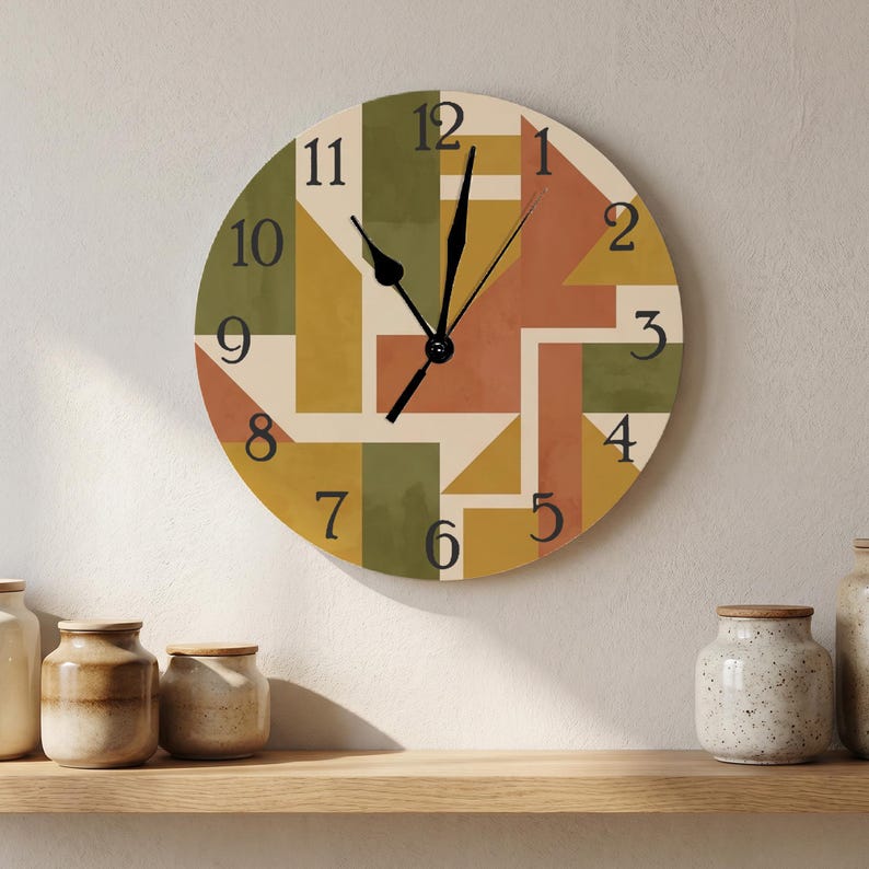 Abstract Clock Colorful Mid‑century Modern Geometric Wall Clock, Abstract Block Art Clock, Boho ...