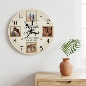 May include: A round wall clock with a cream-colored face featuring black numerals, three square photo frames, and the text "Forever and Always", "Ethan & Sophie", and "May 23, 2025". The clock has black hands and small heart icons.